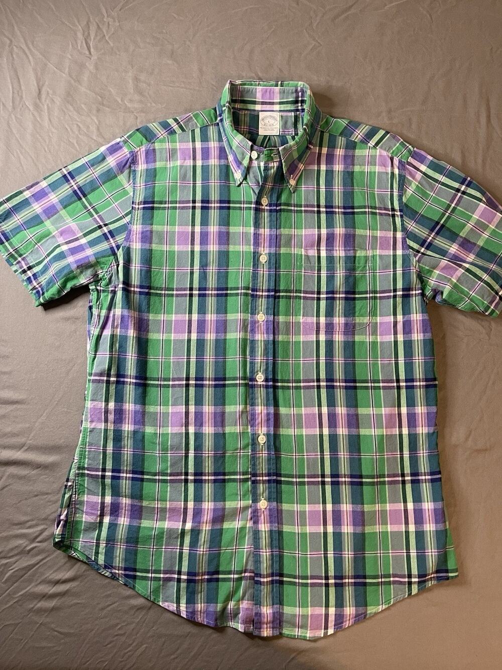 Brooks Brothers Original Polo Shirt Mens Large L Green Plaid Button Down Cotton